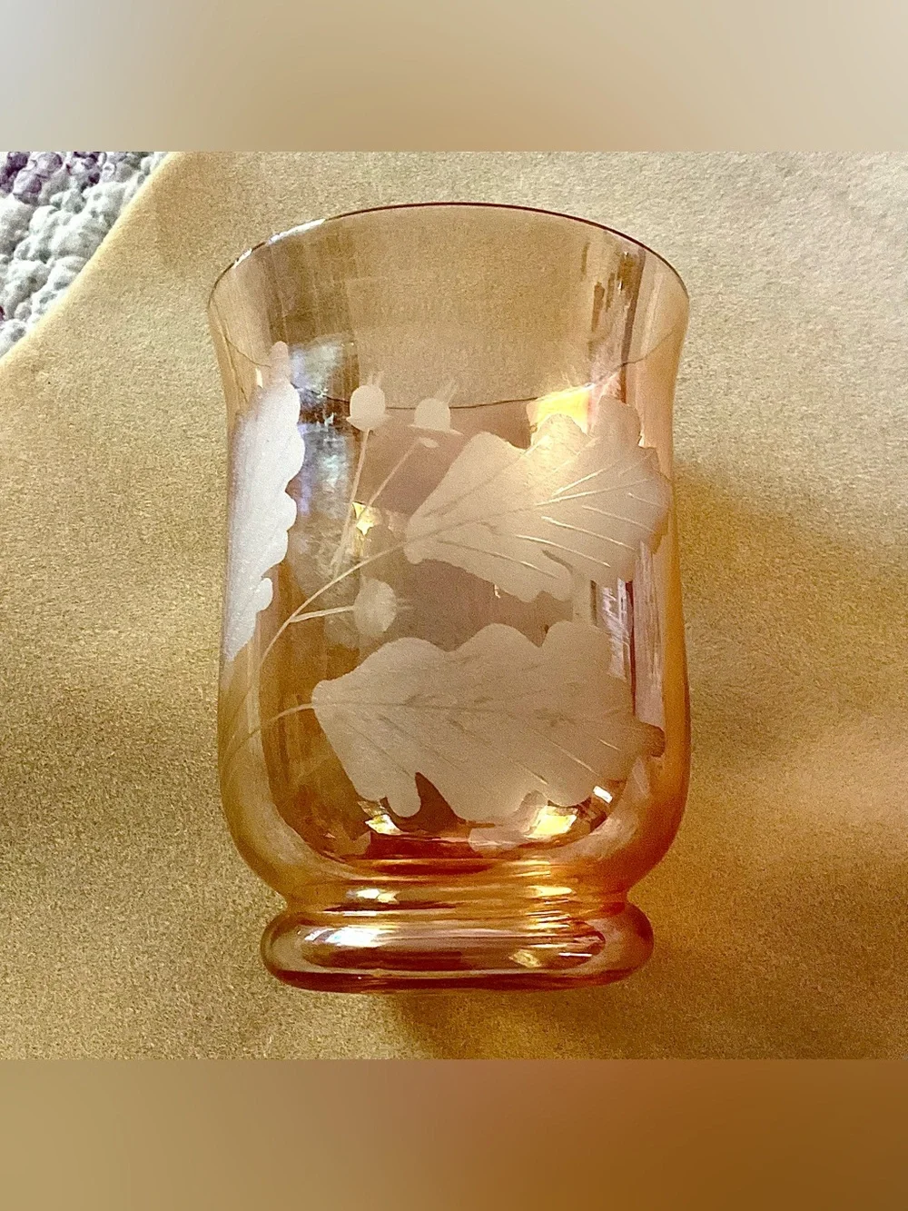 Vintage Iridescent Peachy Orange Etched Leaf Amber Glass Vase or Candle Holder